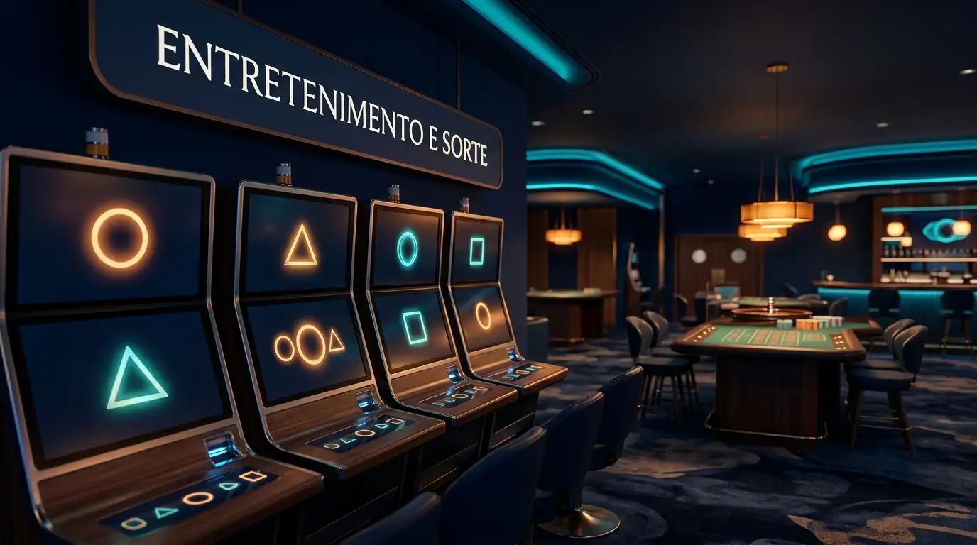 Ecrãs com símbolos abstratos de slots ao lado de uma mesa de casino ao vivo
