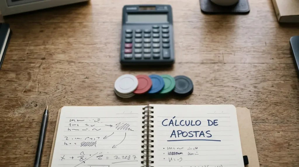 Calculadora, fichas neutras e folha de apontamentos usados para calcular wagering