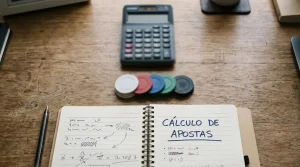Calculadora, fichas neutras e folha de apontamentos usados para calcular wagering