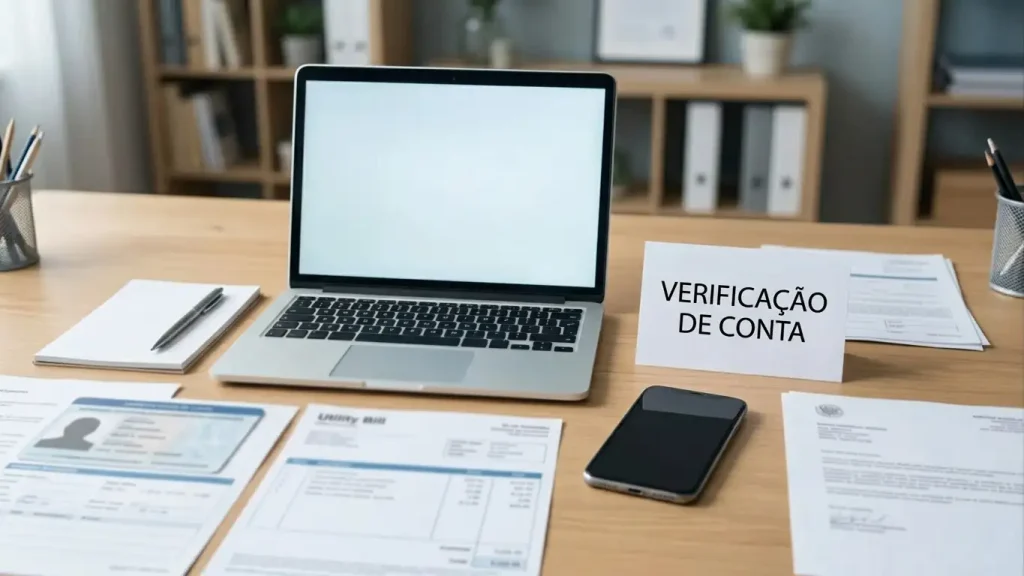 Secretária com telemóvel, portátil e documentos organizados durante uma verificação de conta