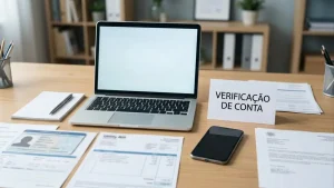 Secretária com telemóvel, portátil e documentos organizados durante uma verificação de conta