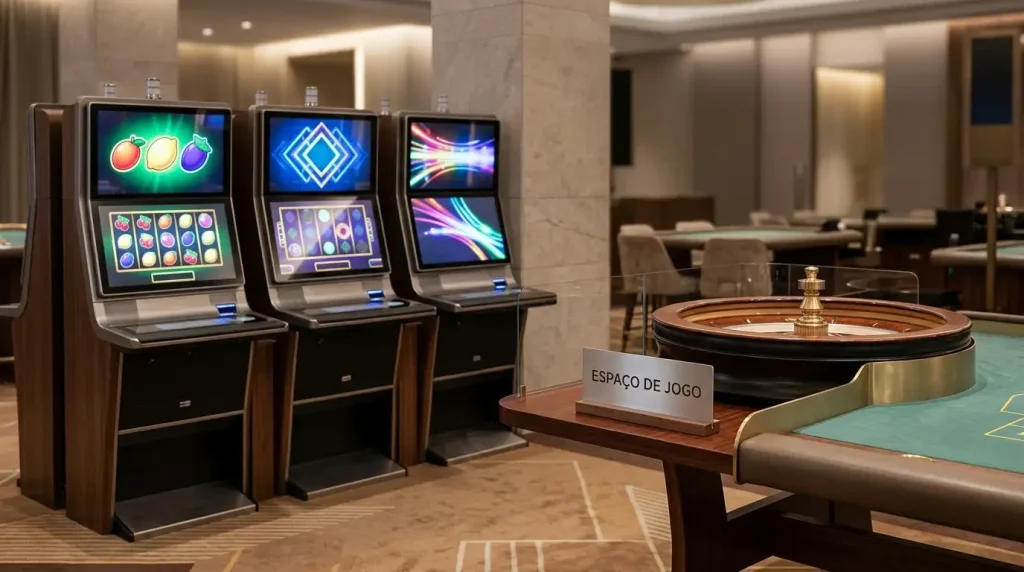Ecrãs abstratos de slots ao lado de uma mesa de casino com iluminação de estúdio