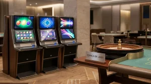 Ecrãs abstratos de slots ao lado de uma mesa de casino com iluminação de estúdio