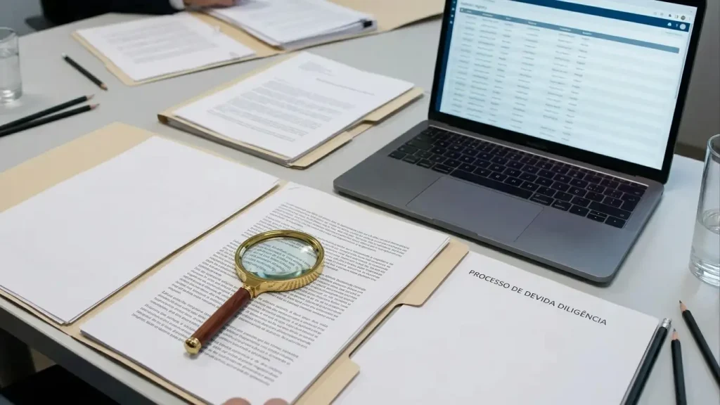 Documentos regulatórios, lupa e portátil sobre uma secretária