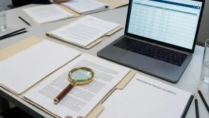 Documentos regulatórios, lupa e portátil sobre uma secretária